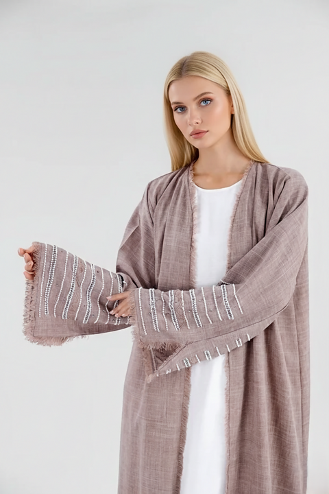 Margot Pearl Linen Abaya – 3-Piece Set in Pink