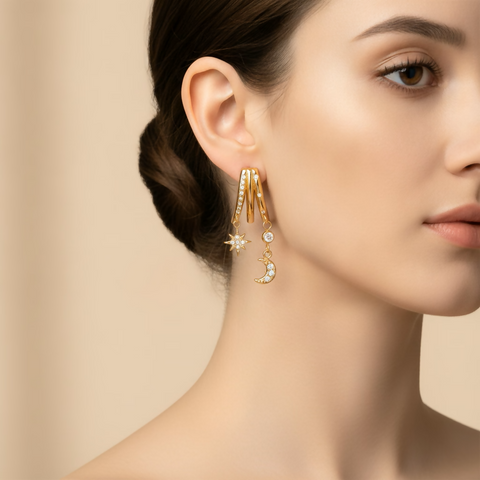 Tassel Earring Crystal Three Layer Hollow - Triple Hoop Moon & Star