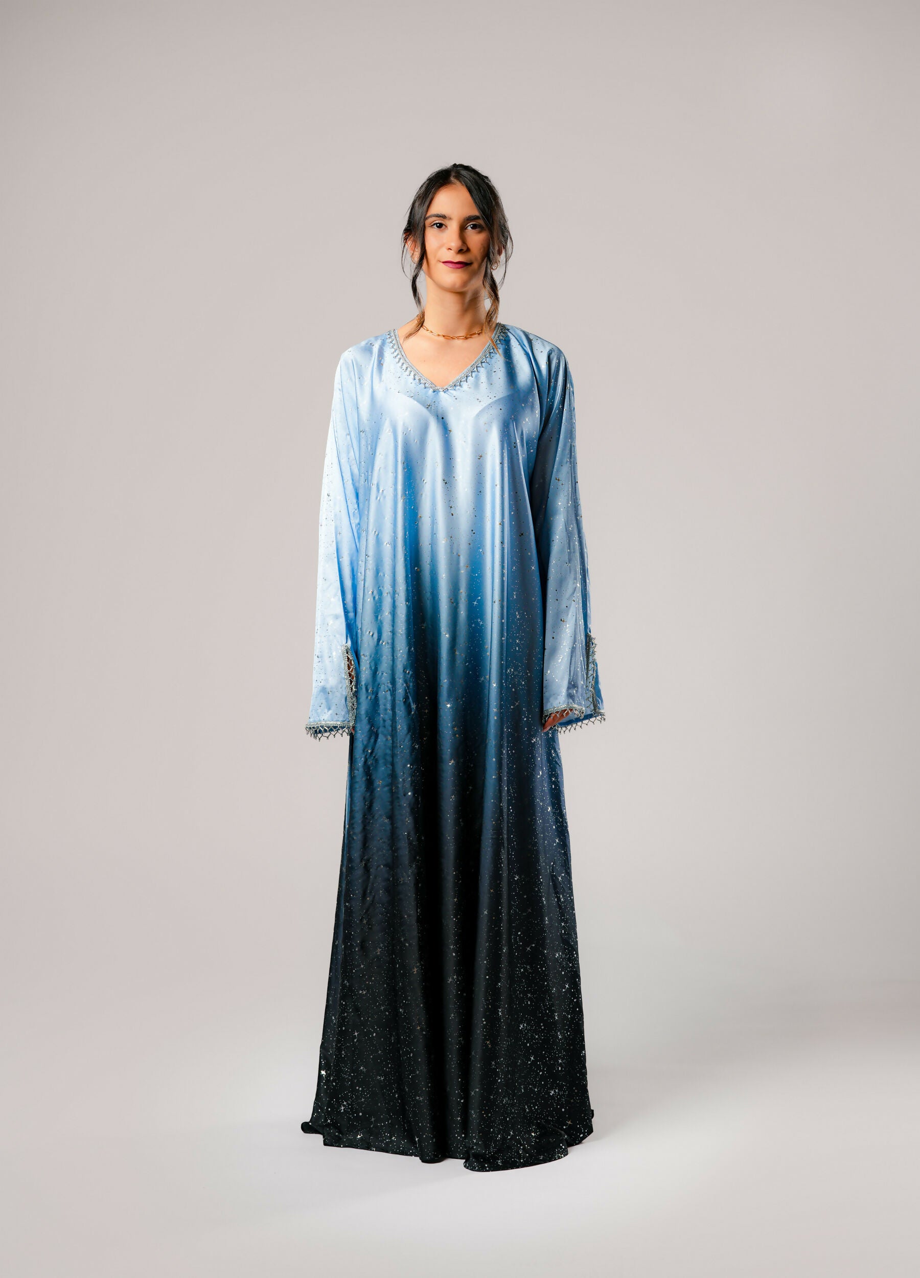 Dress-Jellabiya- Patterned Silk long Loose Style - With A luxury mixture of Blue color with stars -Sleeves with lace