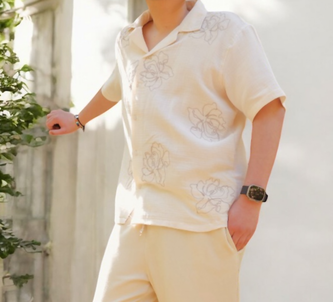 Apache Collar Short Sleeve Embroidered Muslin Shirt -Beige