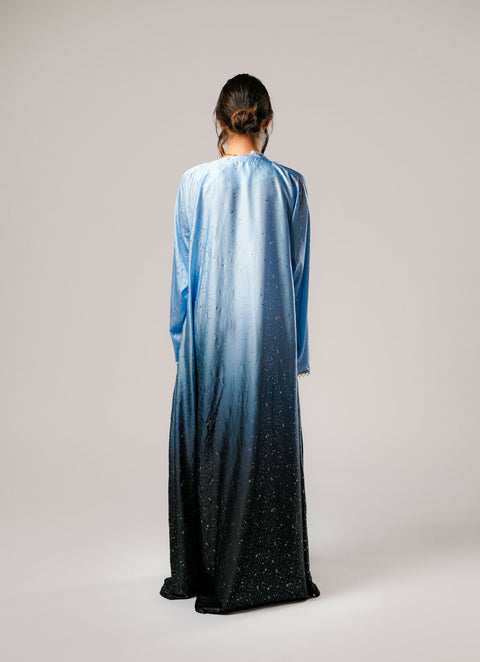 Dress-Jellabiya- Patterned Silk long Loose Style - With A luxury mixture of Blue color with stars -Sleeves with lace