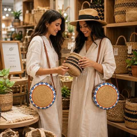 Jute sling bag with pattern Leather strap