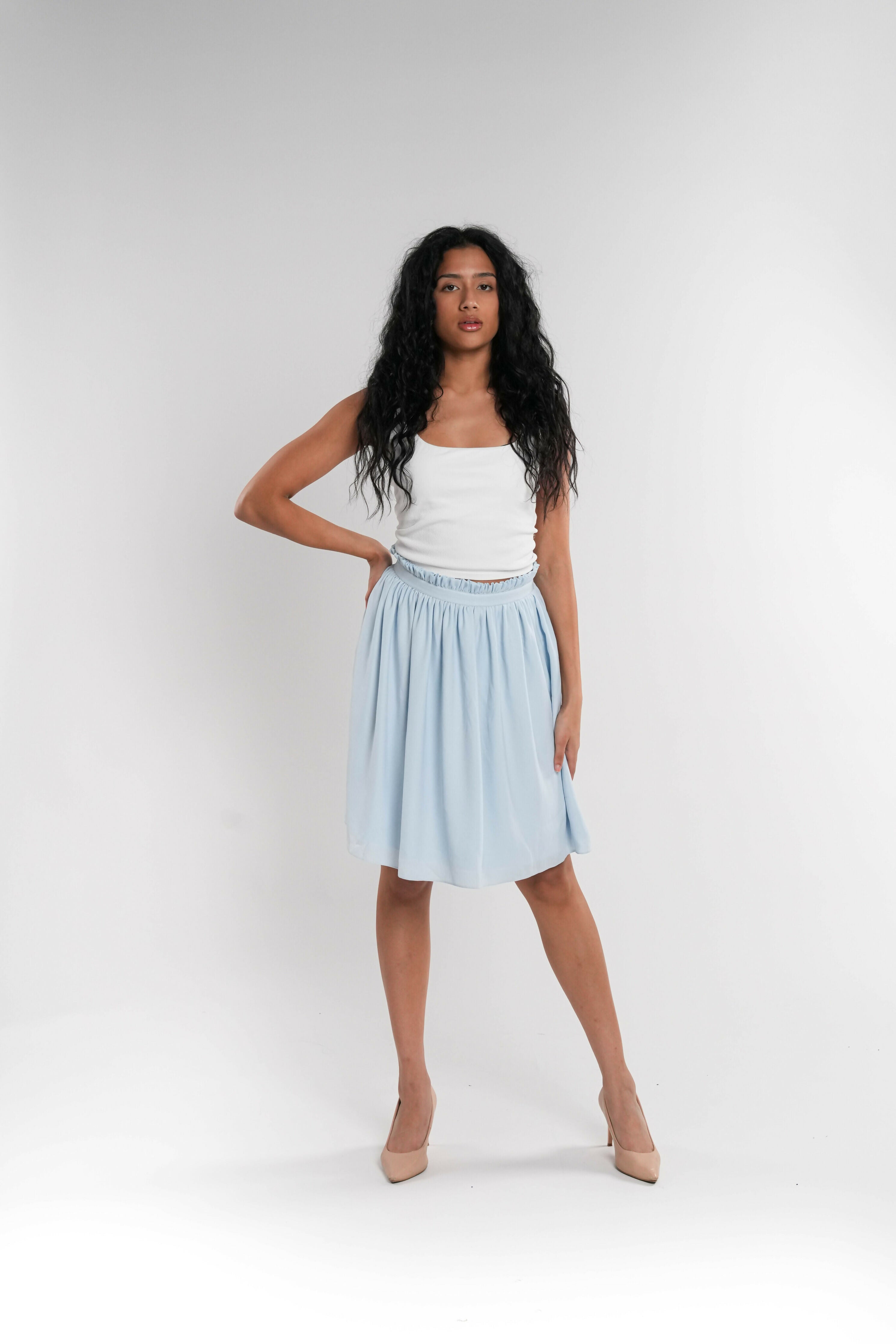 Lined Blue Crepe Mini Skirt