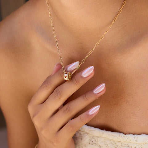 Calina – Bead Charm Necklace with Pink CZ, 18K Gold Finish