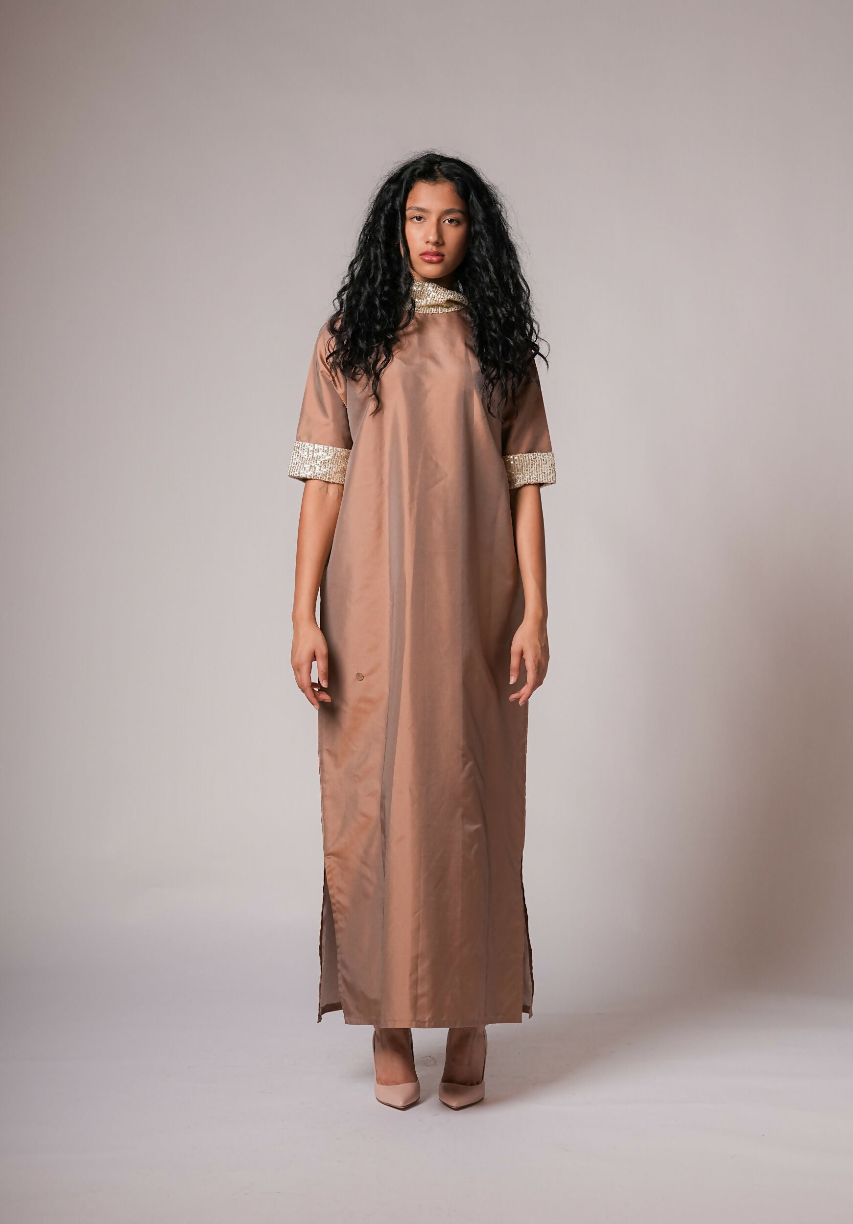 Kaftan dress embellished with sequins in bronze