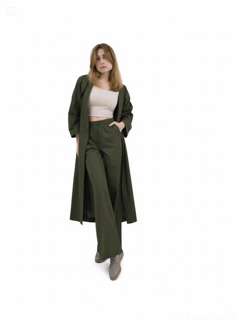 Cotton Suit With Trousers And Cape Dark Green