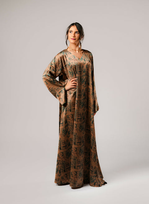Dress-Jellabiya- Patterned Silk long Loose Style - With A luxury mixture of color-Sleeves with elegant and fashionable beads