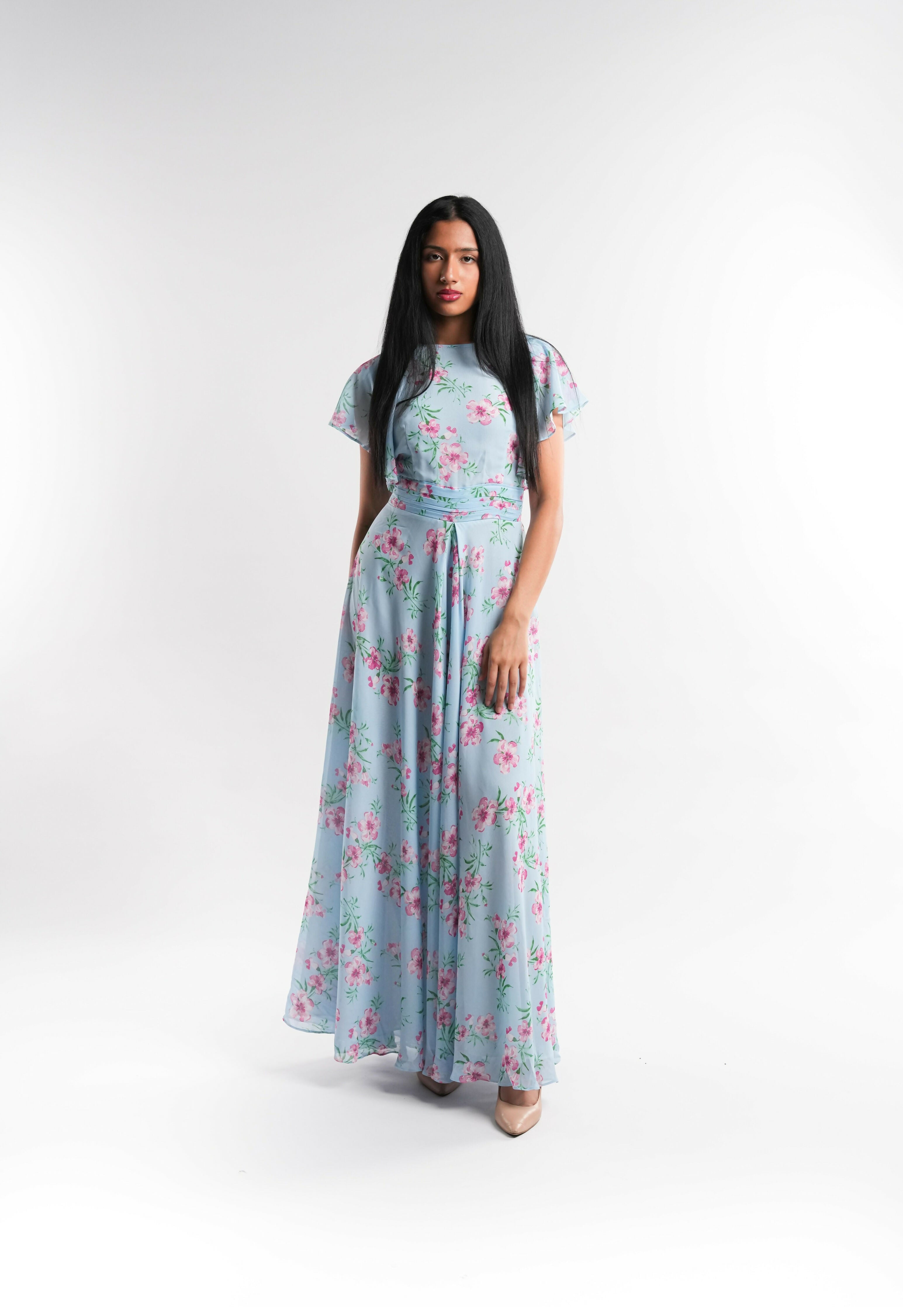 Light Blue Floral Chiffon Dress Lined