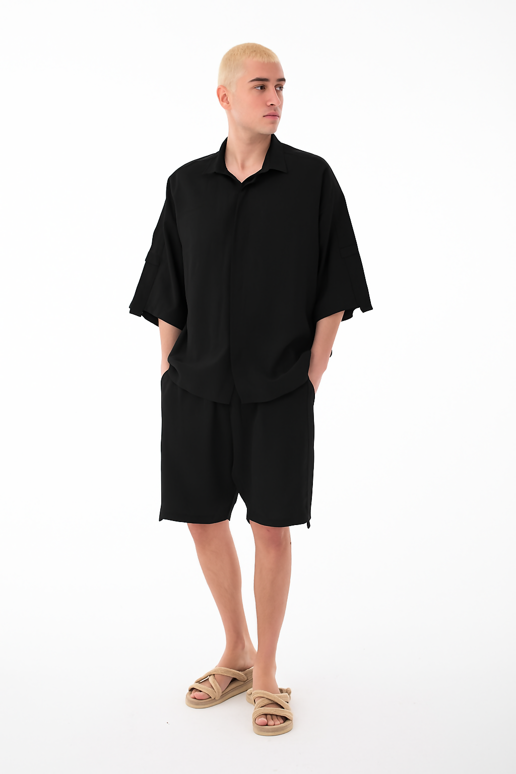 Stand Collar Modal Co-ord Set with Shirt and Shorts Details - Black