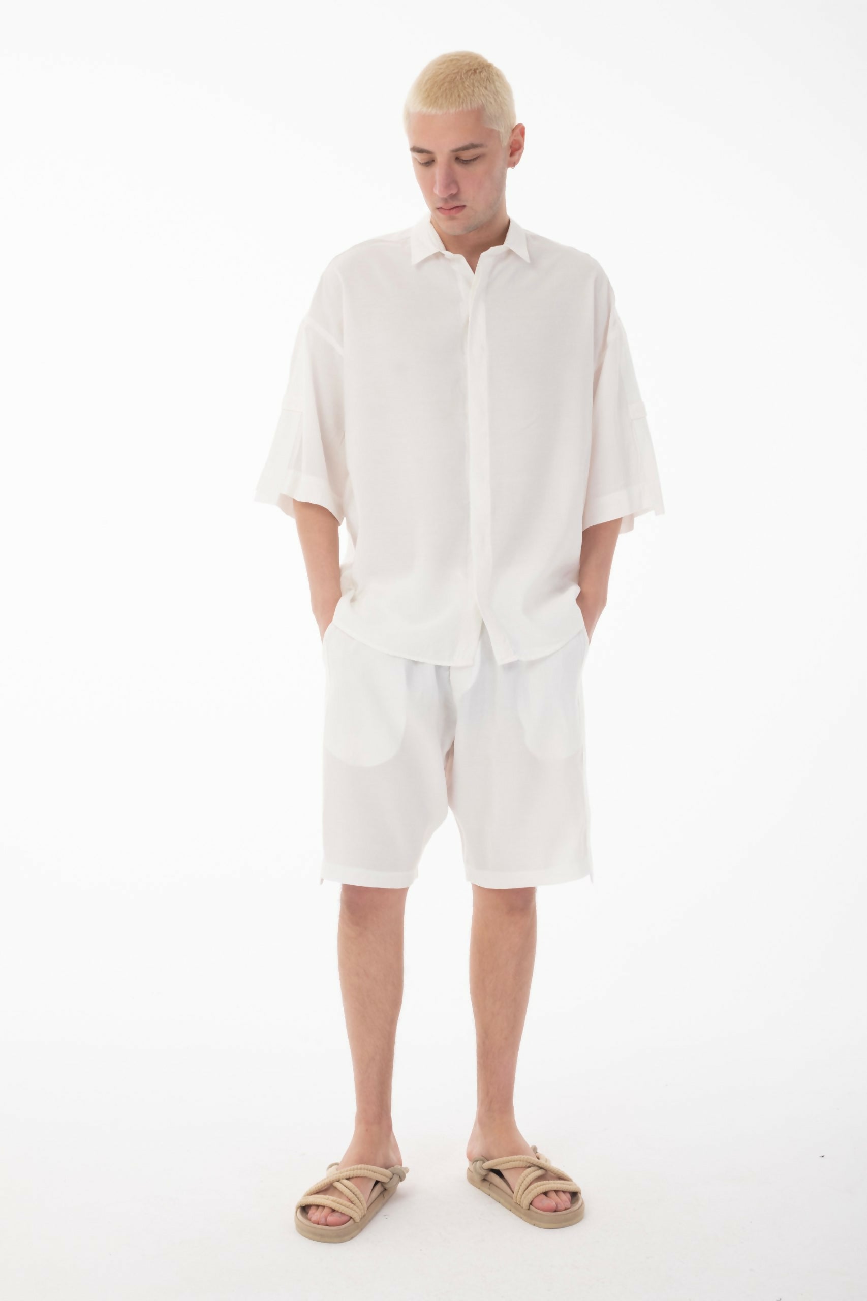 Stand Collar Modal Co-ord Set with Shirt and Shorts Details - Ecru