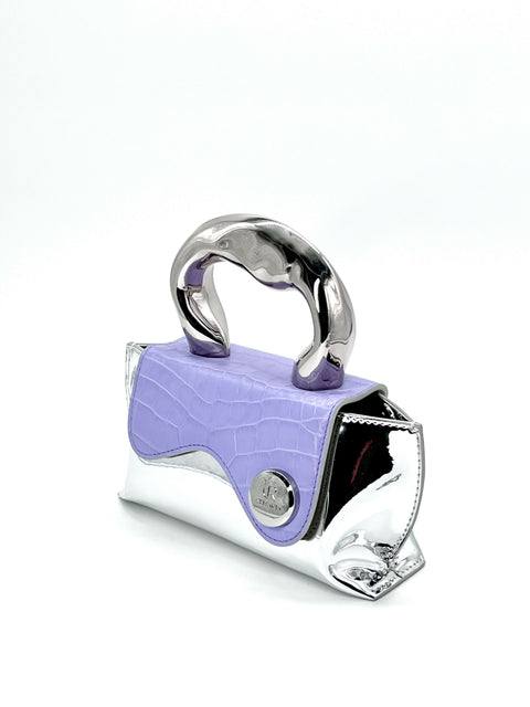 Lavender Crocodile Embossed Bag CRISANTA Crocodile-Embossed Mini Handbag with Sculptural Silver Handle