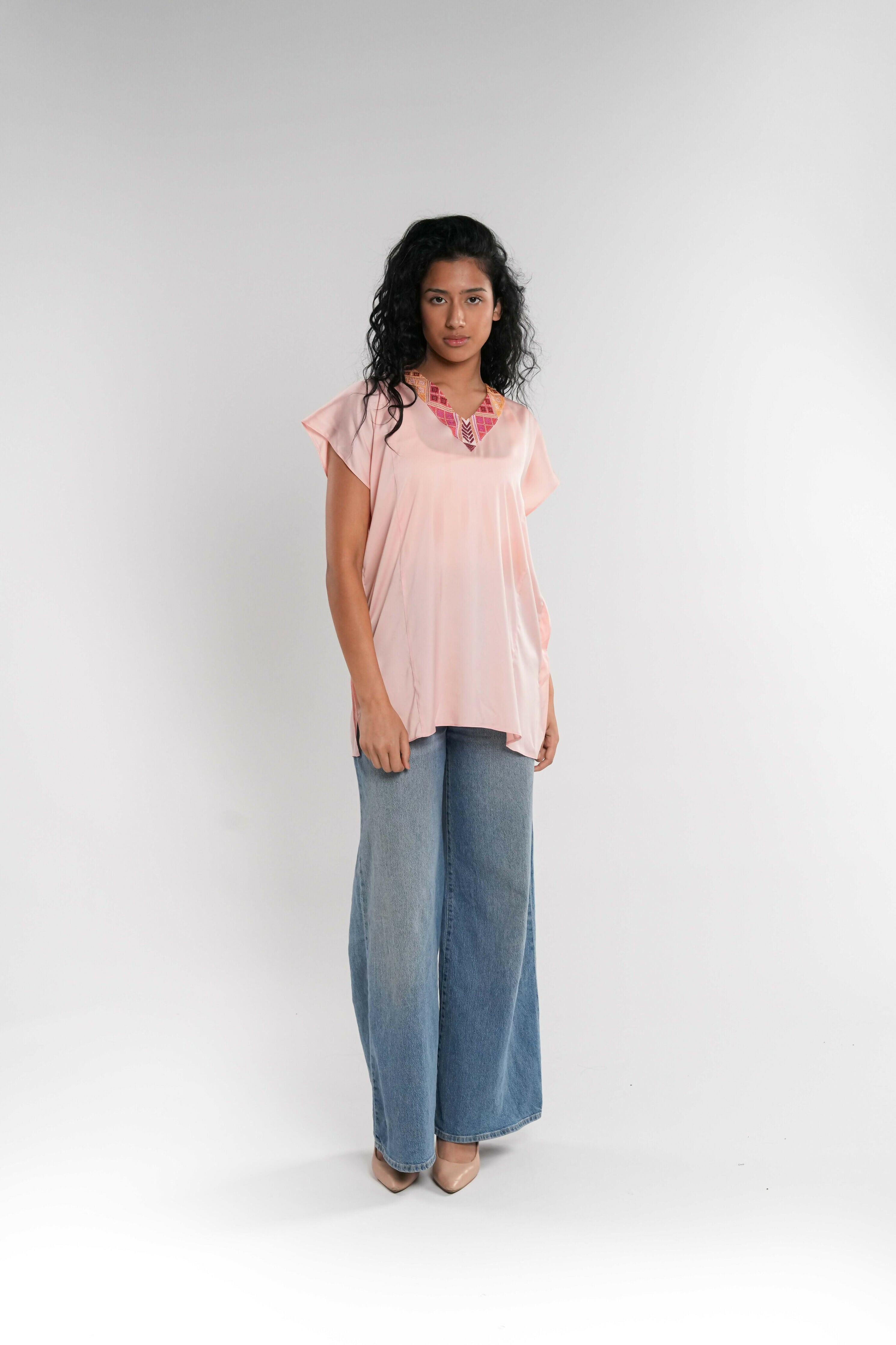 Pink Satin Short Tunic with Embroidered Neckline