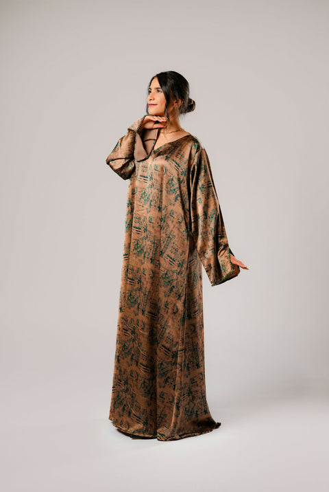 Dress-Jellabiya- Patterned Silk long Loose Style - With A luxury mixture of color-Sleeves with elegant and fashionable beads
