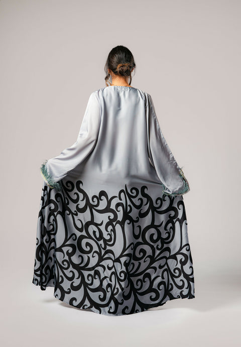 Dress-Jellabiya- Patterned Silk long Loose Style - With A luxury mixture of Gray and black color-Sleeves with lace and soft feathers