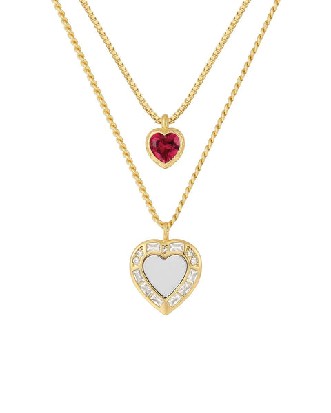 Double Heart Charm Necklace- Red/Gold