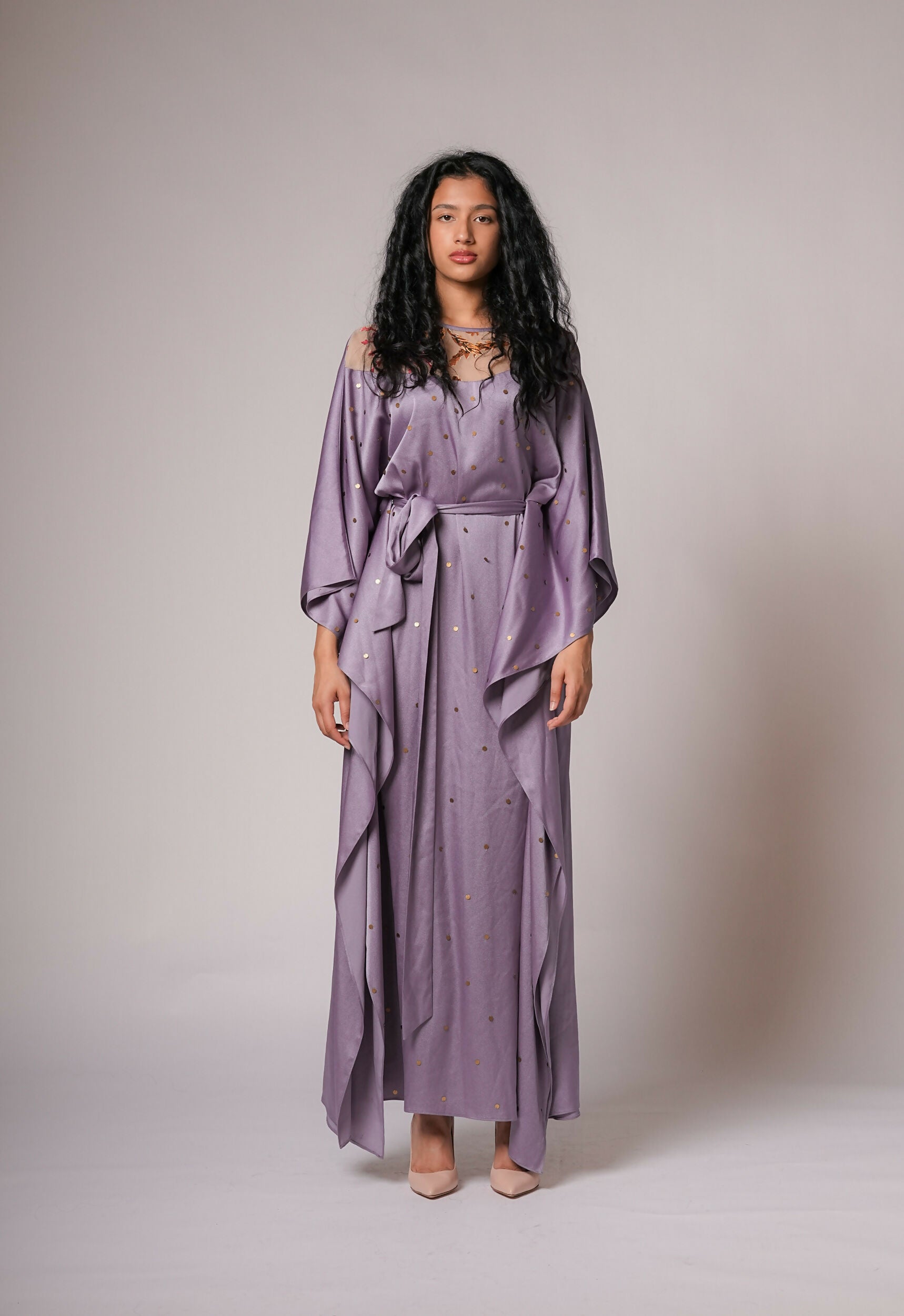 Satin Kaftan in purple embellished with hand stitched sequins