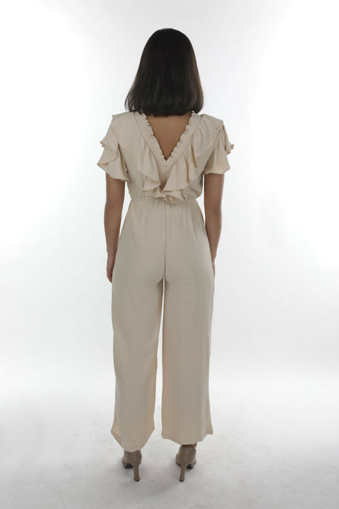 MY PEANUT Saba Ruffle Jumpsuit in Beige