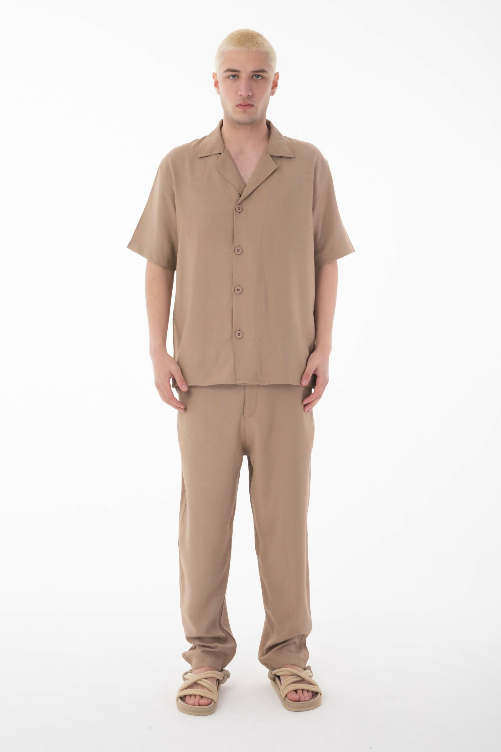 Short Sleeve Shirt Zippered Pants Set - Brown