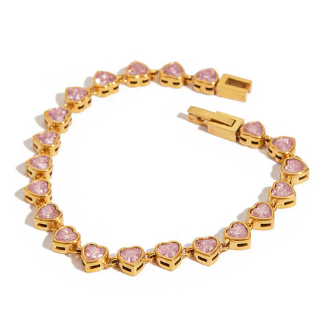Ceryn – Pink Heart Tennis Bracelet, 18K Gold Finish