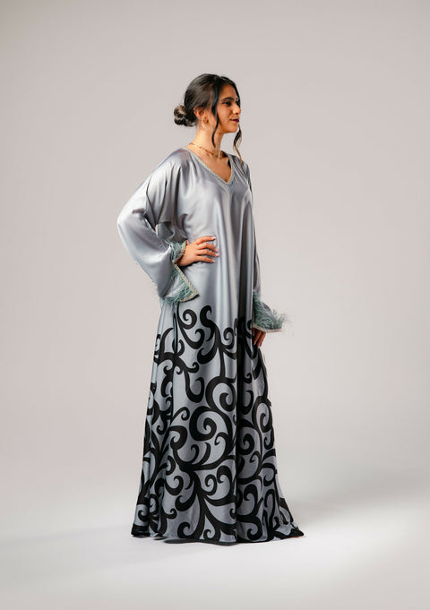 Dress-Jellabiya- Patterned Silk long Loose Style - With A luxury mixture of Gray and black color-Sleeves with lace and soft feathers
