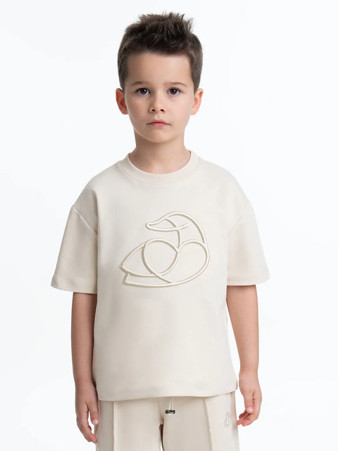 Kids OS Cotton T-Shirt with 3D Embroidery Beige