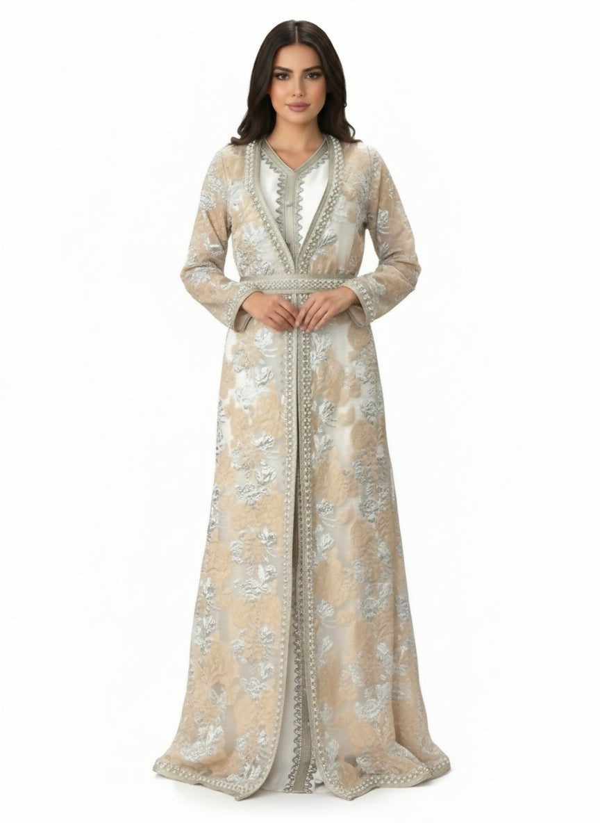 Beige Floral Patterned Pearl-Embellished Kaftan Abaya – 3-Piece Set