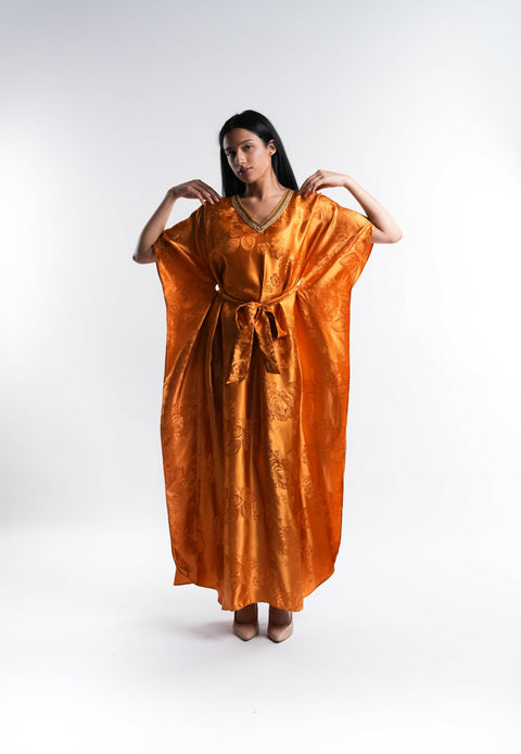 Yellow Satin Kaftan with Lace Detail