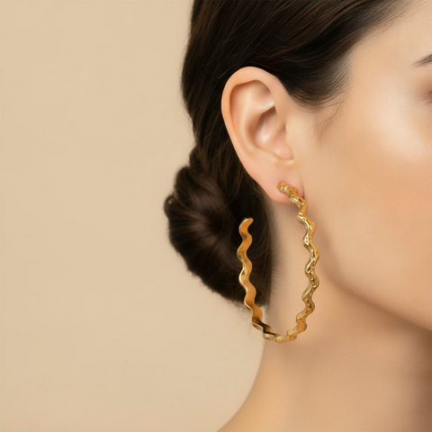 French Chic High Polished Irregular Water Ripple Geometric Statement Hoop Earrings