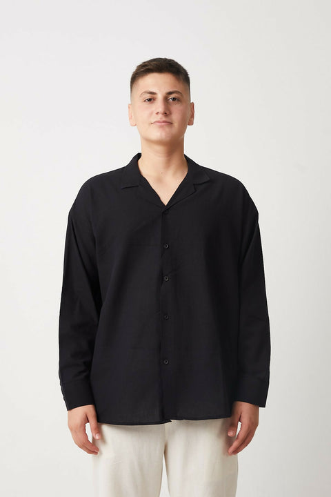 Apache Collar Long Sleeve Cotton Shirt - Black