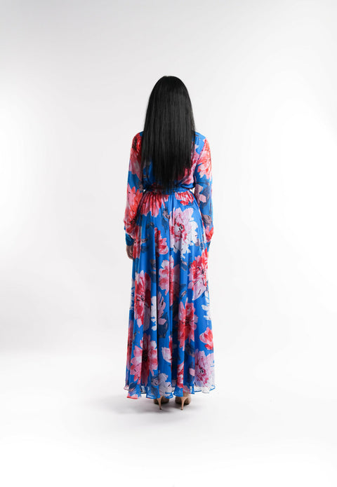Dark Blue Floral Chiffon Dress Lined