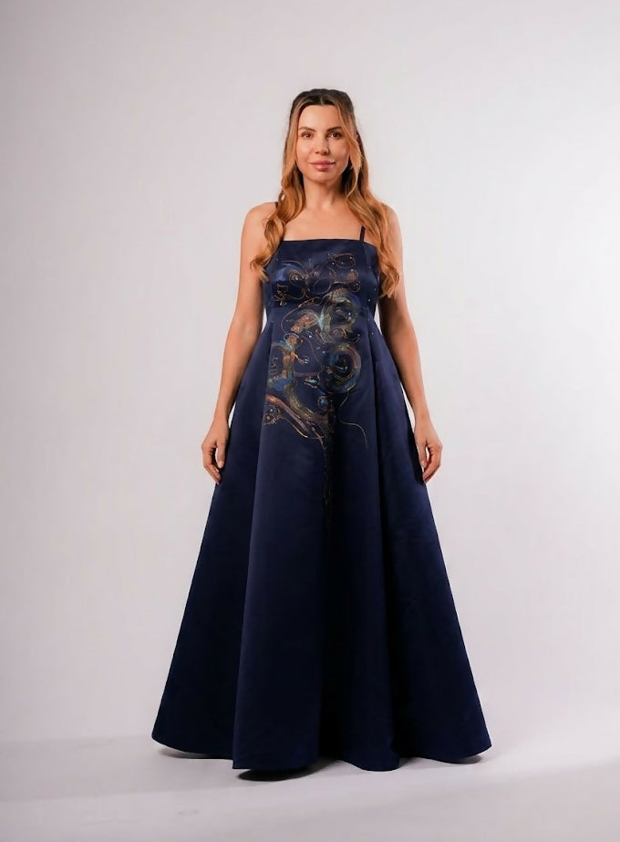 Dark Blue Taffeta Dress (Hand-Painted)