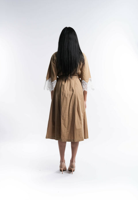 Brown Cotton Dress with White Lace Trim