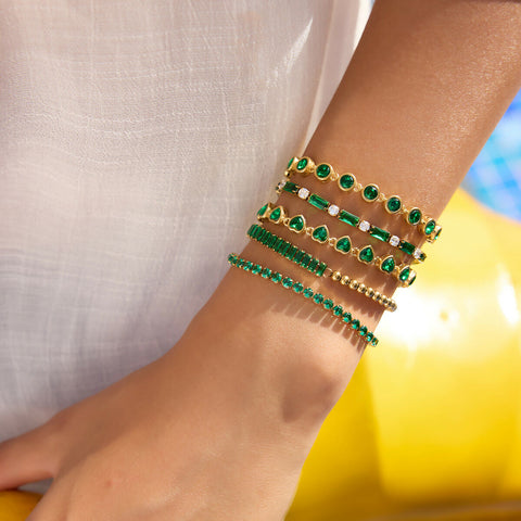 Cyraelle – White Round & Green Baguette CZ Tennis Bracelet, 18K Gold Finish