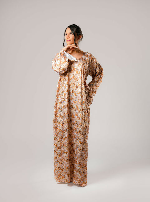 Dress-Jellabiya- Patterned Silk long Loose Style - With A luxury mixture of Gold Flowers color-Sleeves with lace