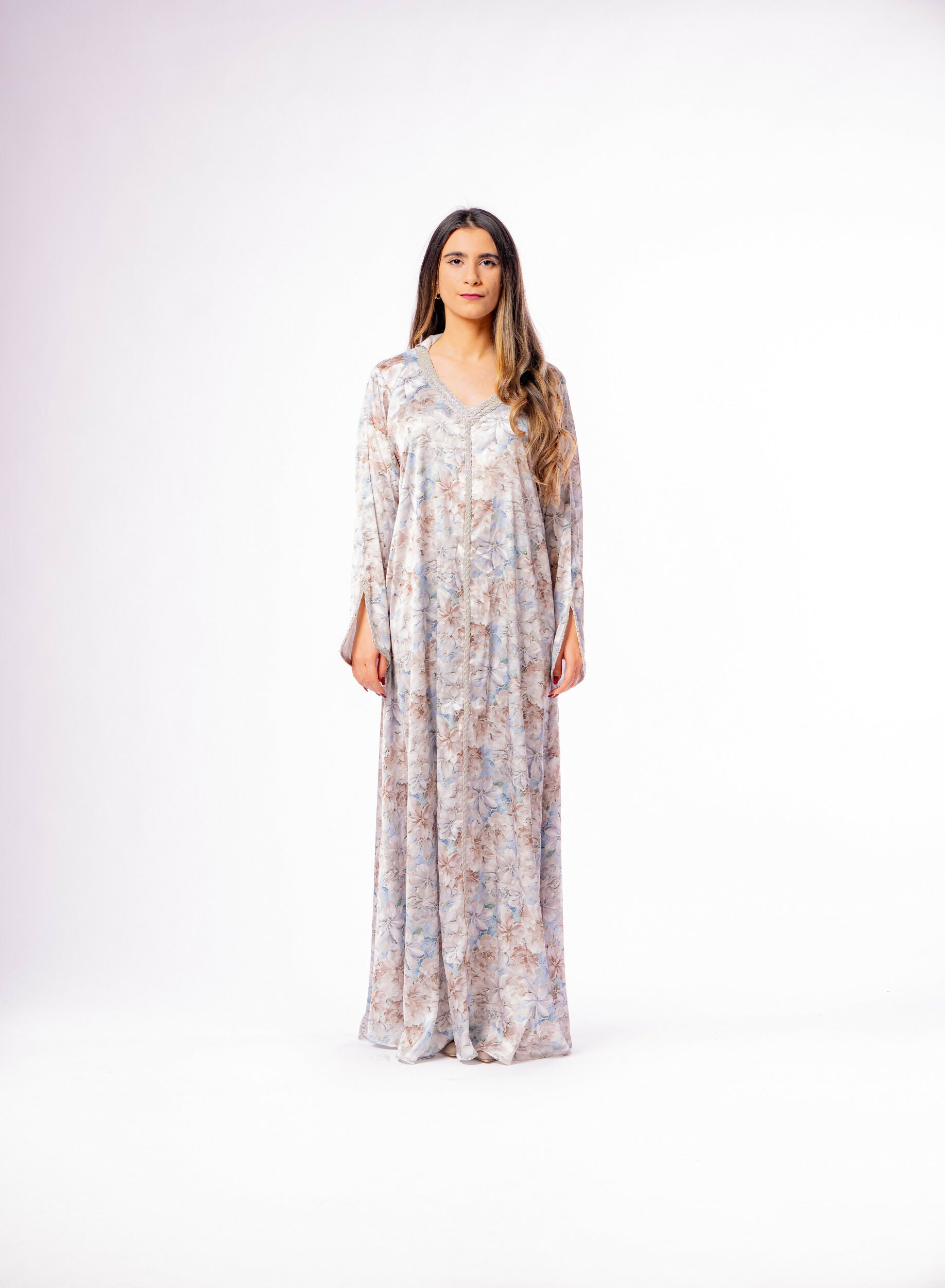 Dress-Jellabiya- Patterned Silk long Loose Style -with splendid Colores blue flower