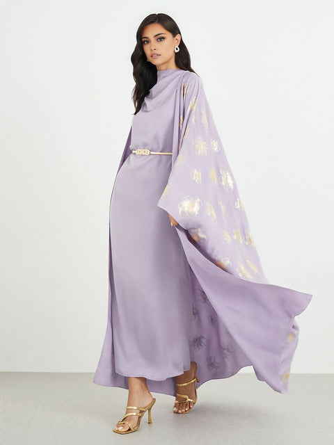 Lilac Satin Floral Abaya & Cowl Neck Dress with Belt Set