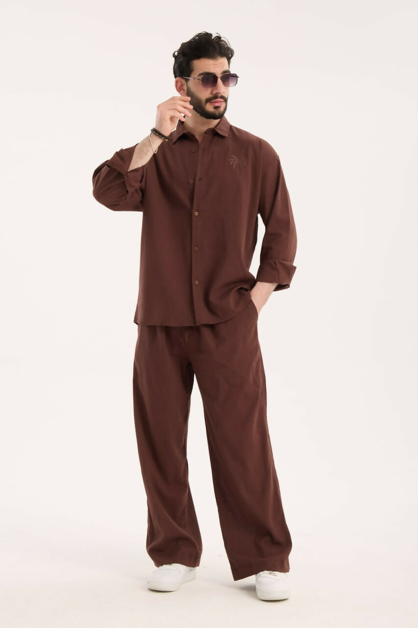 Embroidered Detail Shirt & Pants Set- Brown