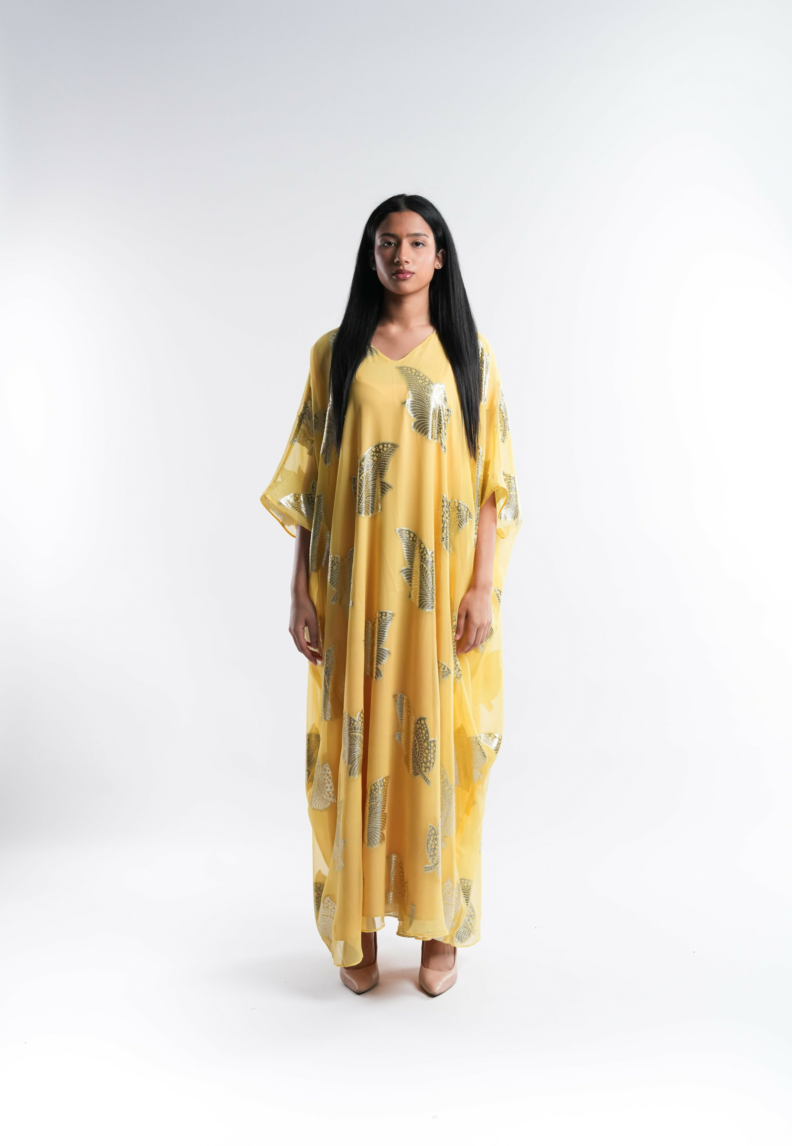 Yellow Chiffon Kaftan Lined