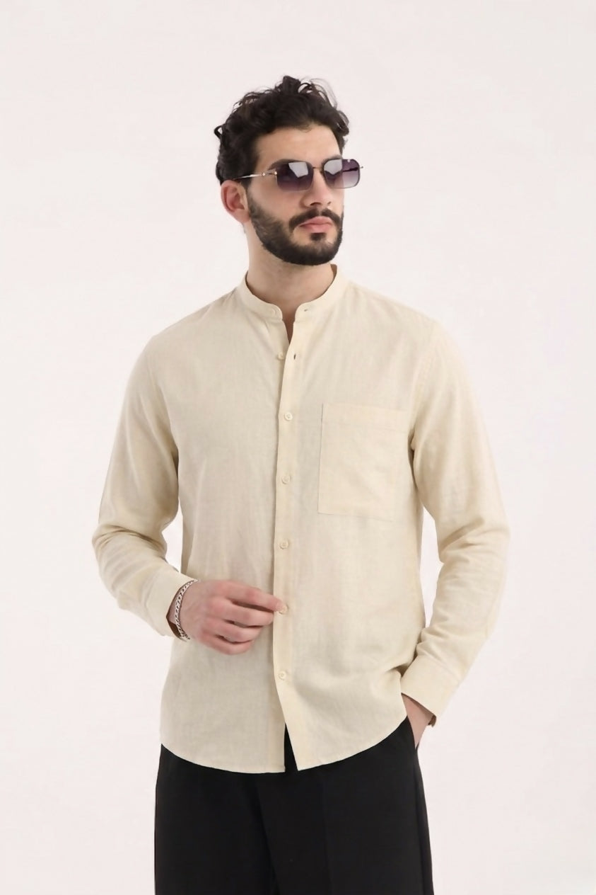 Mandarin Collar, Single Pocket Detail, Long Sleeve Cotton Shirt - Beige