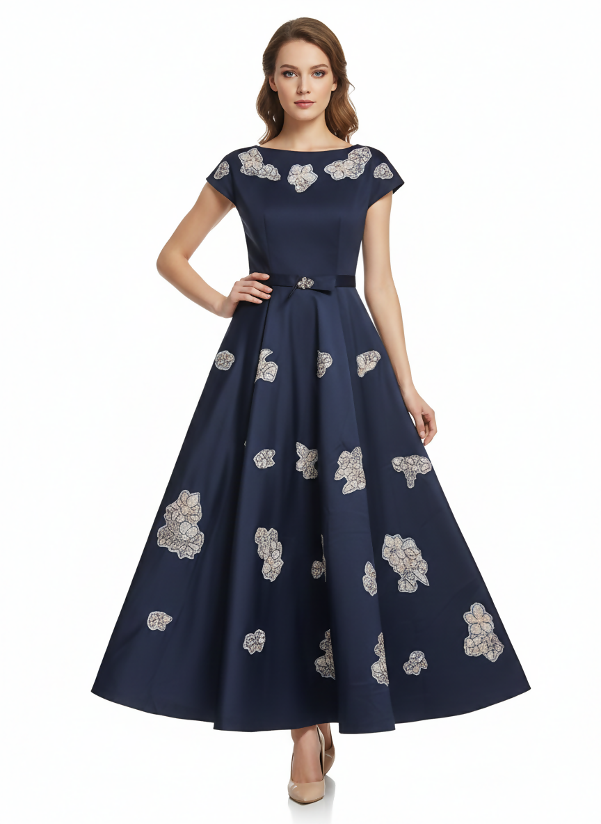 Navy Blue Satin Patched Dress