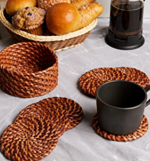 Round Rattan Coaster Set of 6 with holder