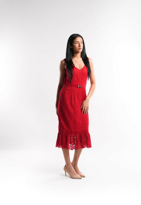 Red Lace Dress with Crystal Waist Detail