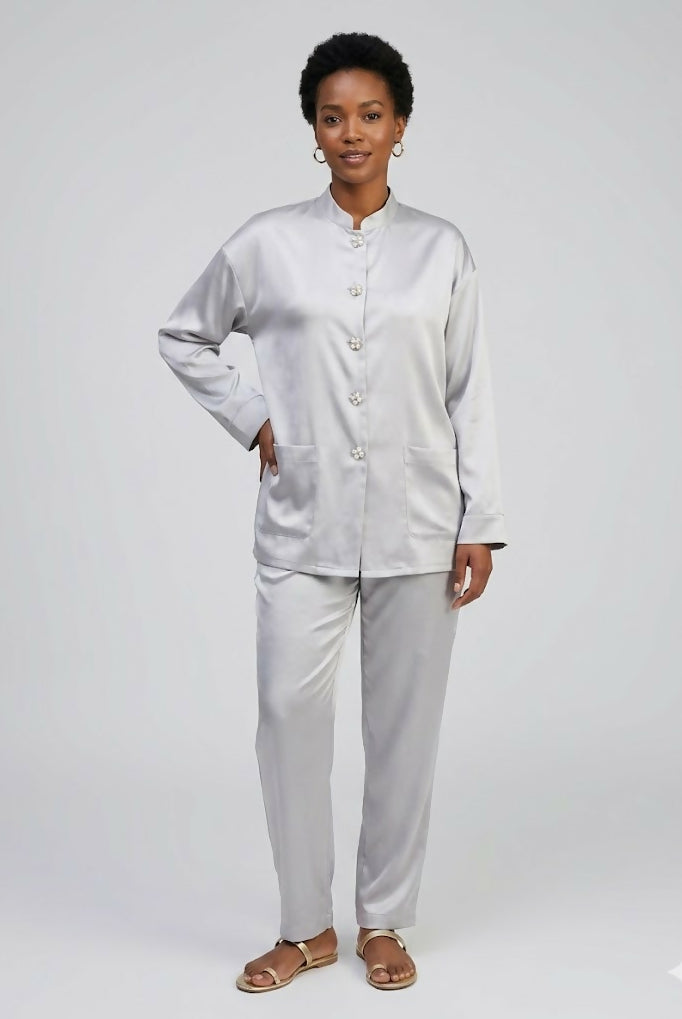 Silk Co-ord Shirt and Pants in Grey