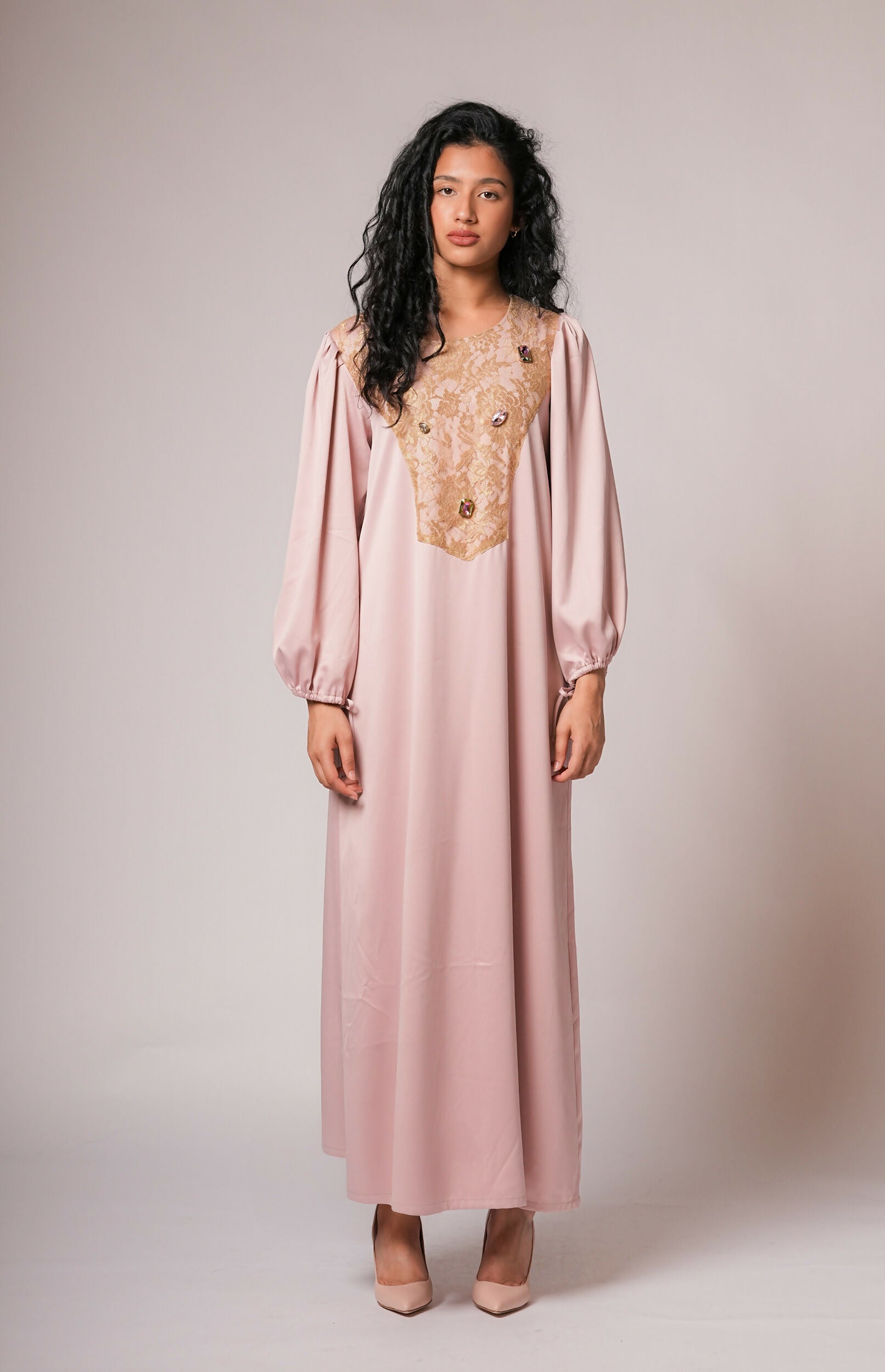 Chiffon kaftan in peach with hand stitched beads on sleeves