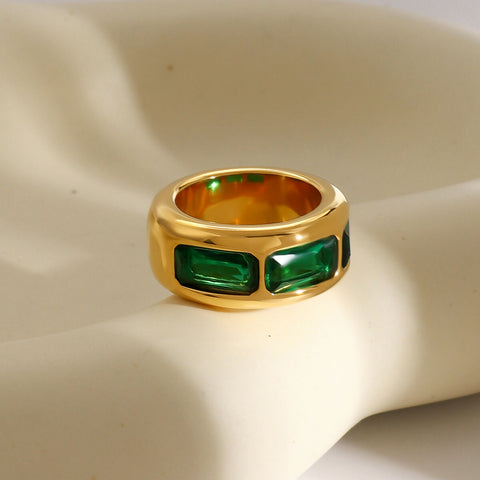 Cressida – Green Baguette CZ Ring, 18K Gold Finish