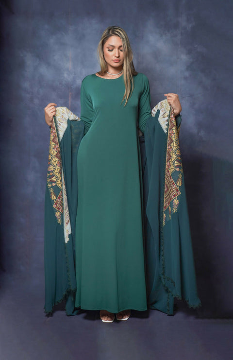 Handcrafted Embroidered Two-piece Silky Kaftan in Green Free Size