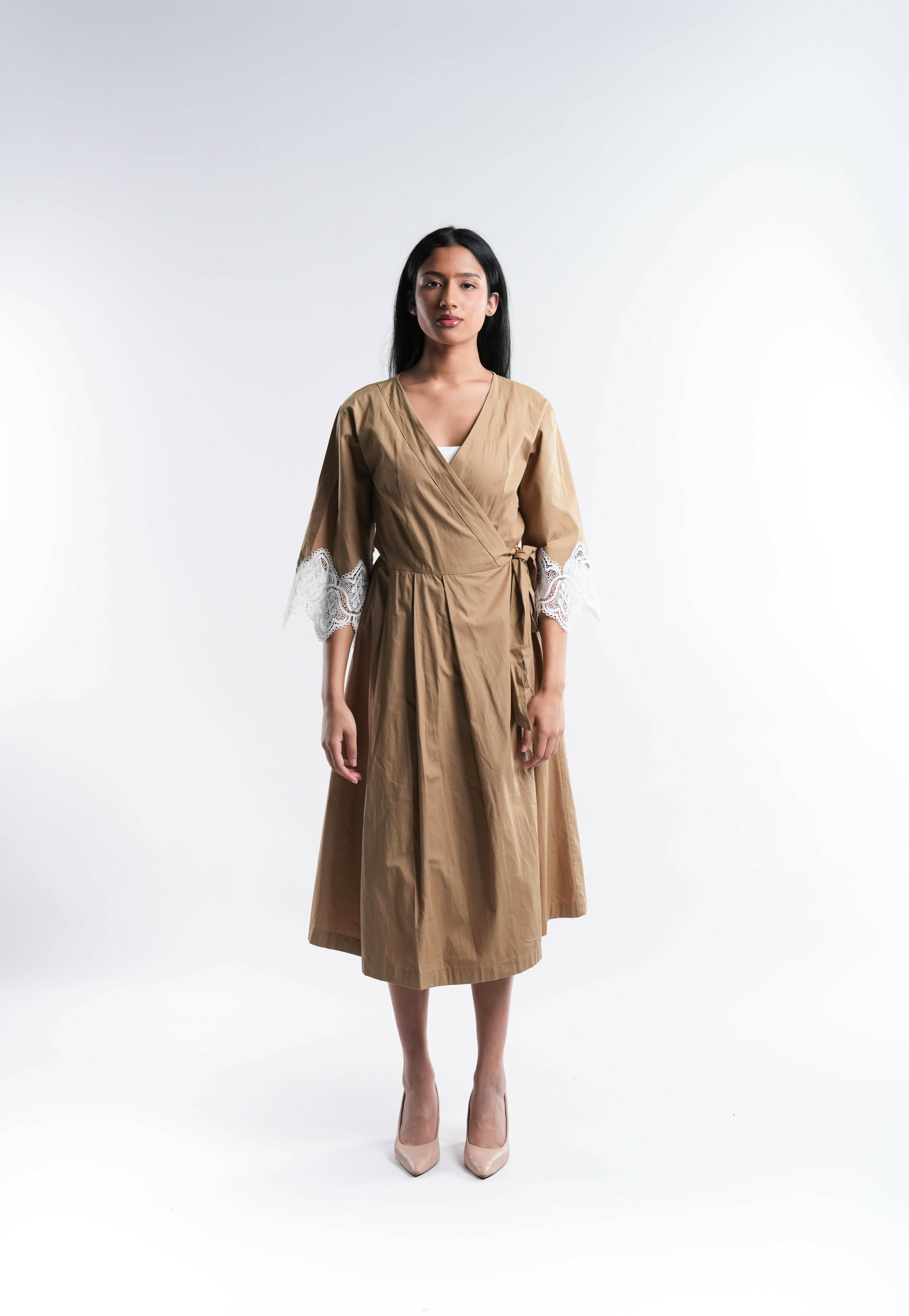 Brown Cotton Dress with White Lace Trim