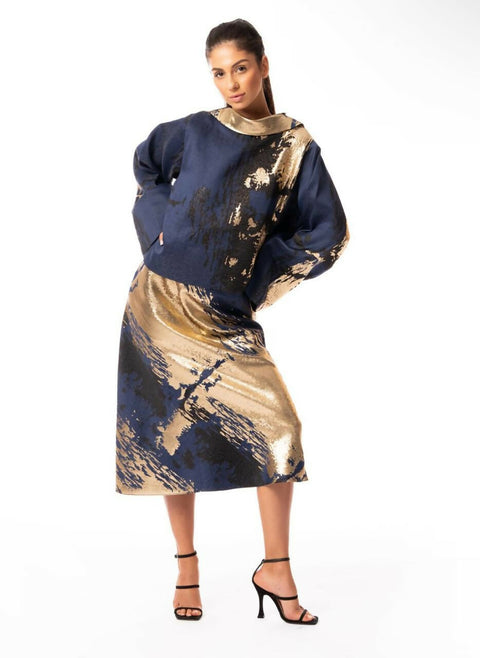 Gold Blue Brocade Set: Voluminous Top and Midi Skirt