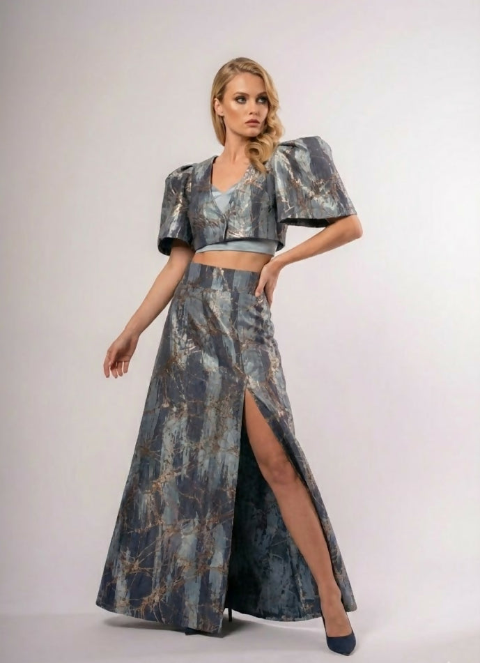 Light Blue And Silver Set (Skirt, Blouse And Short Jacket)