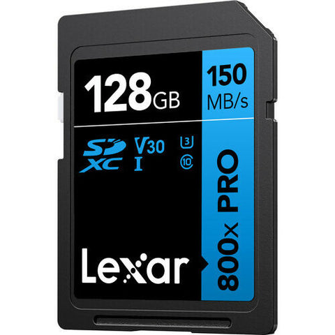 بطاقات LEXAR الاحترافية سعة 128 جيجابايت 800X PRO SDXC UHS-I، سرعة قراءة تصل إلى 150 ميجابايت/ثانية وسرعة كتابة 45 ميجابايت/ثانية C10 V30 U3 